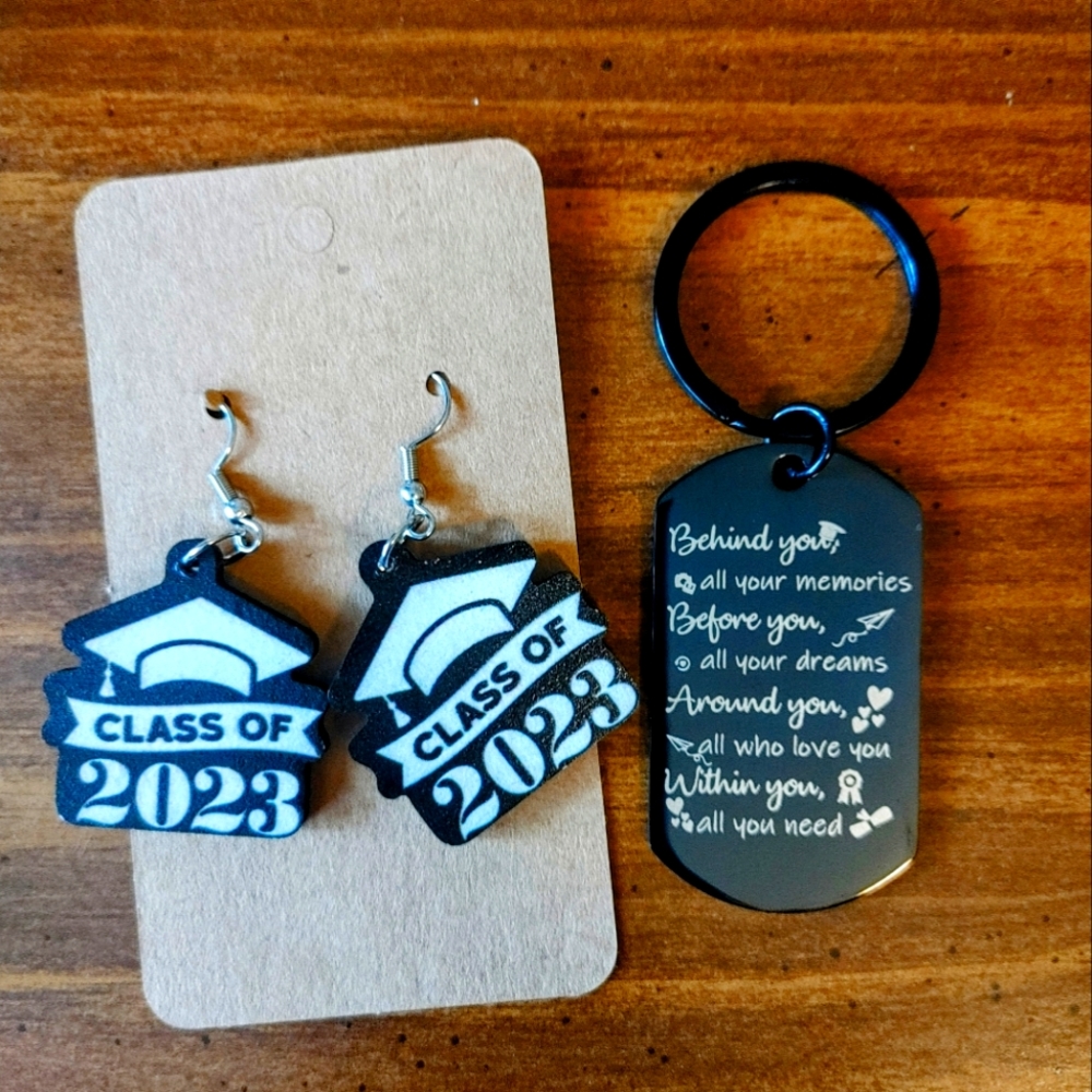 Acrylic, Black Graduation Cap Earrings & Black, Metal Graduation Keychain